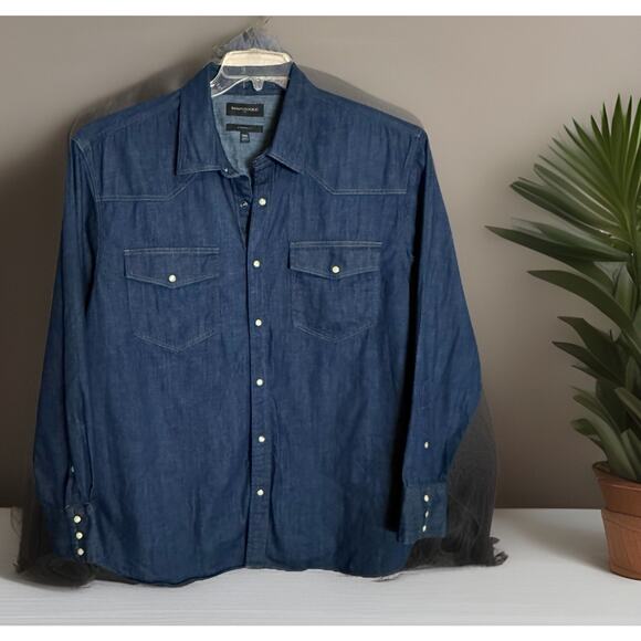 Banana Republic Dark Denim Western Pearl Snap Button Up Men’s Shirt, XXL, EUC - Picture 1 of 8